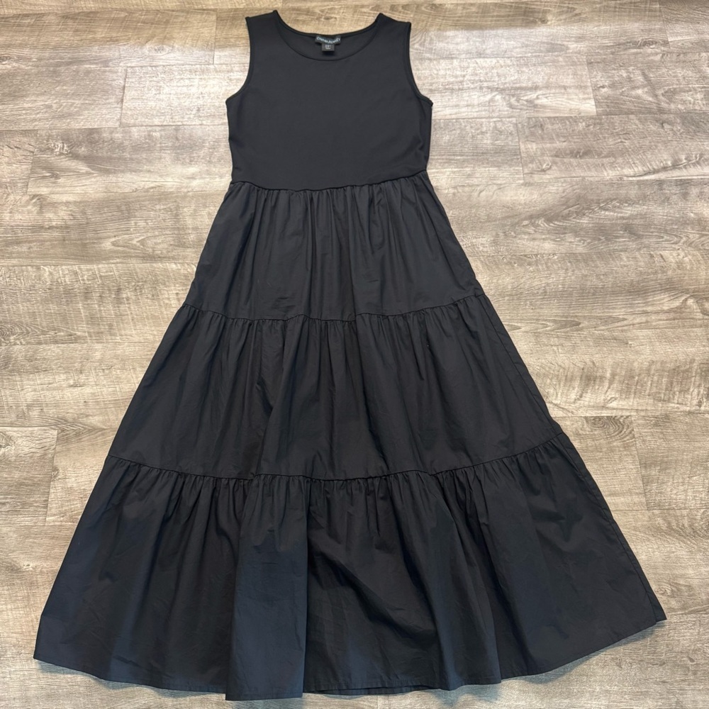 Cynthia Rowley Black Sleeveless Tiered Midi Dress with Round Neck